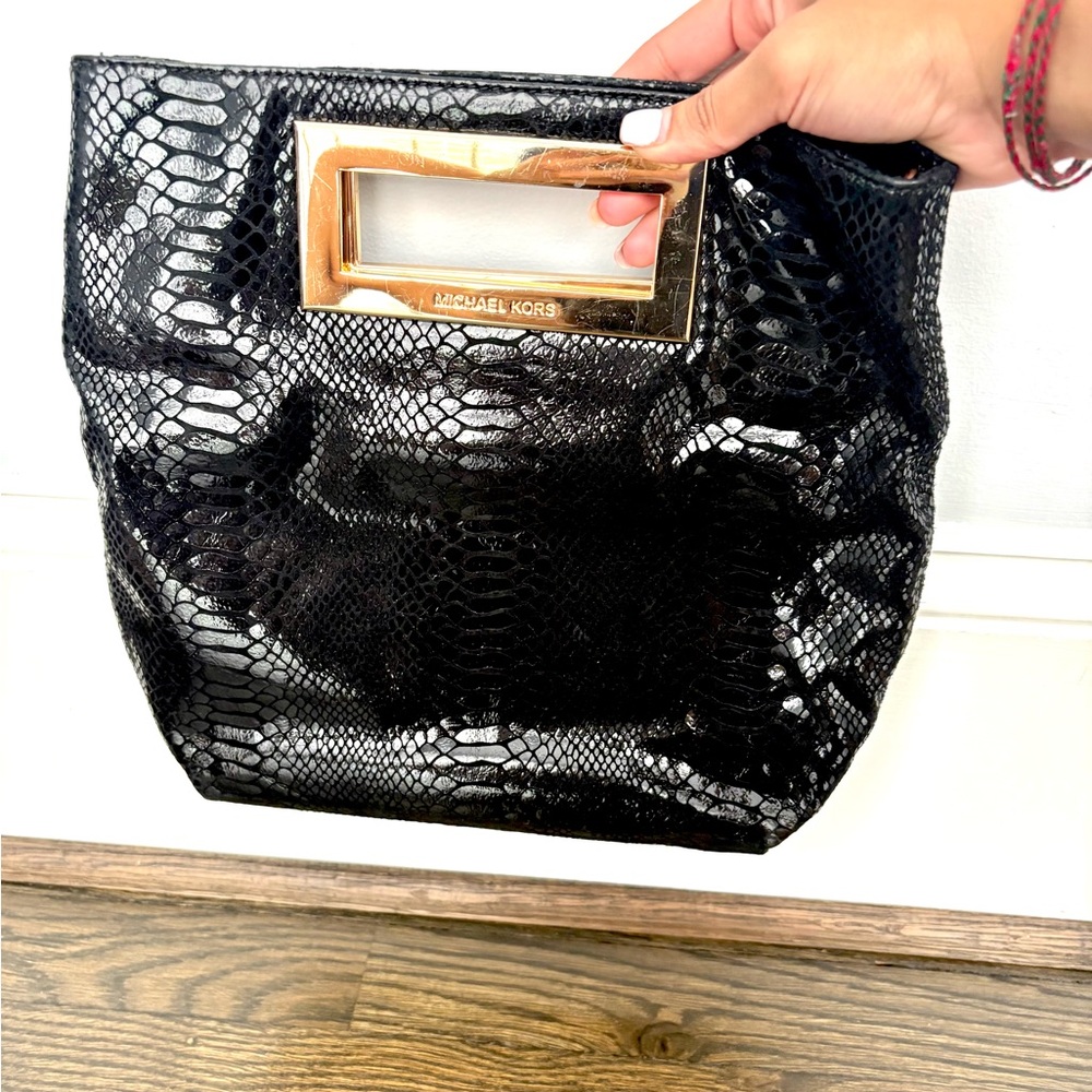 Michael Kors Black and Gold Clutch Snakeskin Print